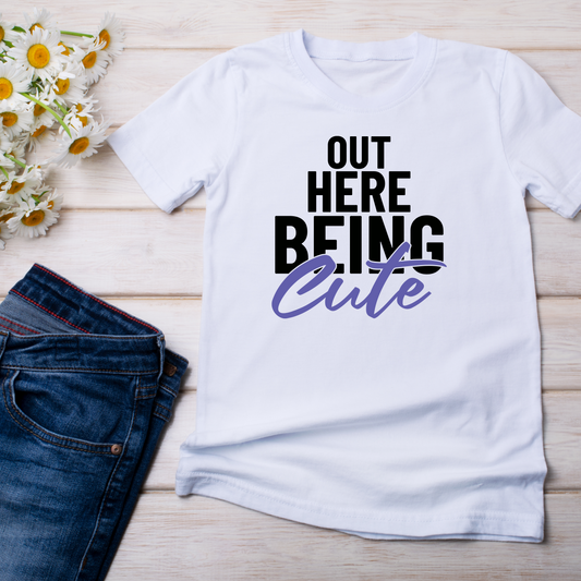 Out Here Being Cute Short Sleeve T-Shirt (Black and Lilac Print)