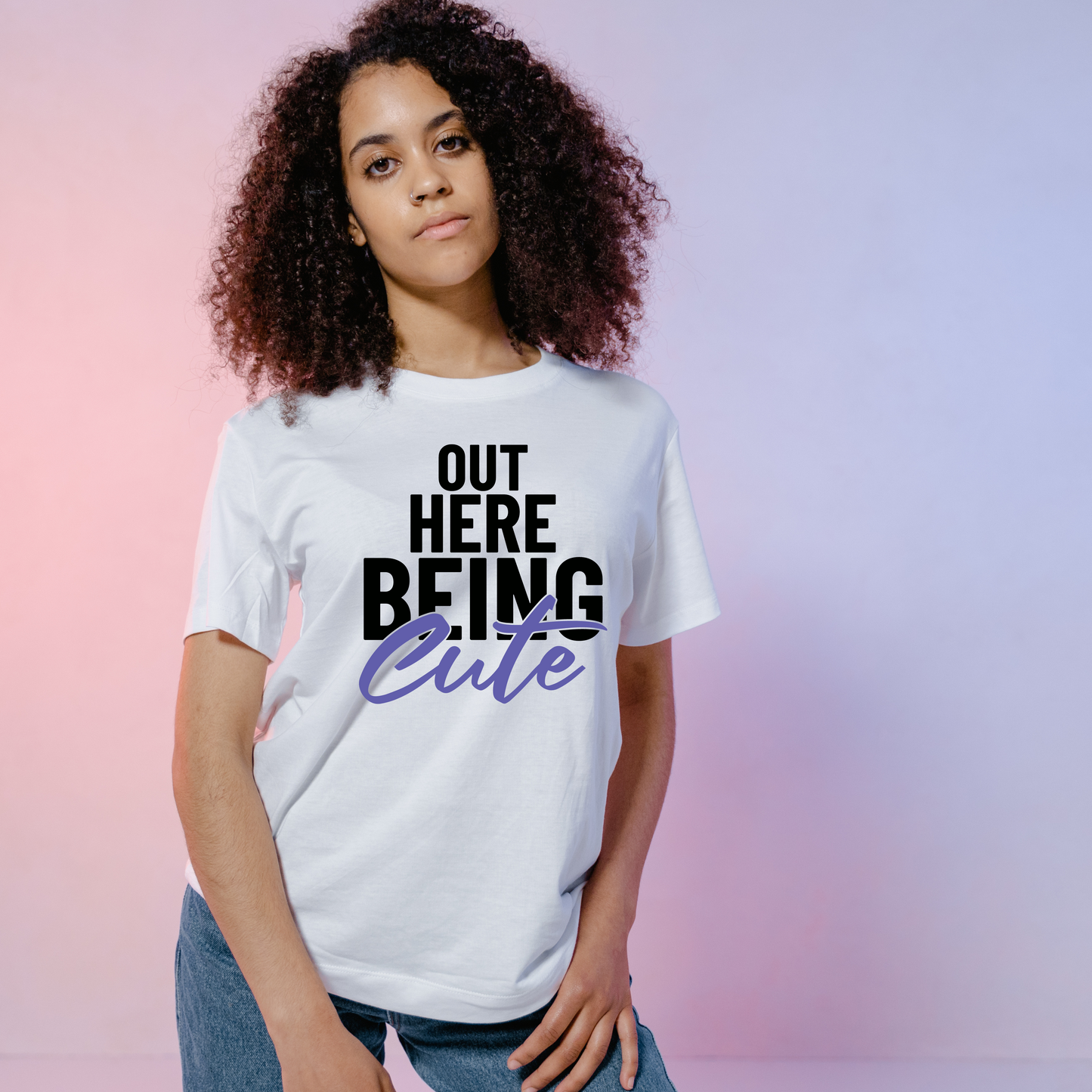 Out Here Being Cute Short Sleeve T-Shirt (Black and Lilac Print)