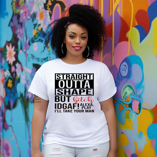 Straight Outta Shape Short Sleeve White T-Shirt (Black and Red print)