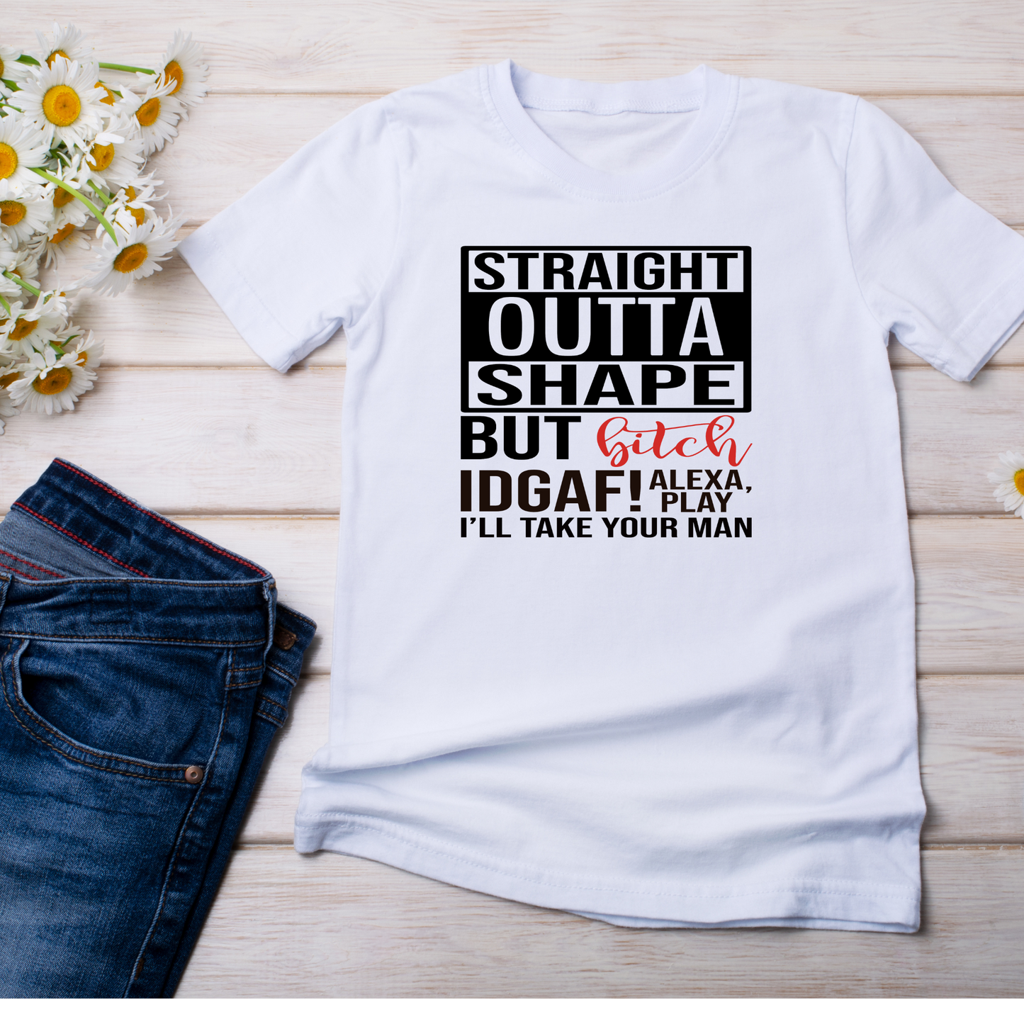 Straight Outta Shape Short Sleeve White T-Shirt (Black and Red print)